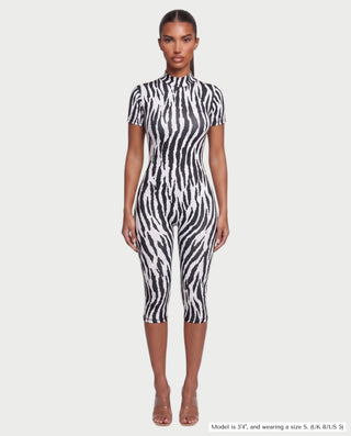 HIRABEL Zebra Print Mock Neck Open-Back Romper