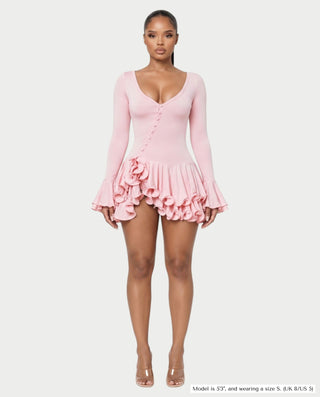 NADIA V-Neck Asymmetric Long Sleeve Ruffle Mini Dress