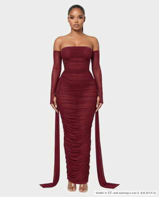 KERRYN Ruched Strapless Long Sleeve Fitted Maxi Dress