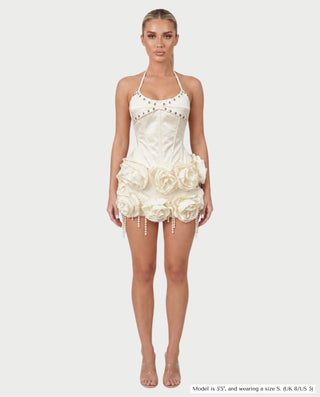 AVIRNA Satin Halter Corset Top & Rose Pearl Mini Skirt Set