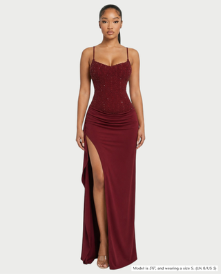 AISAH Embellished Cami Ruched High-Slit Maxi Dress