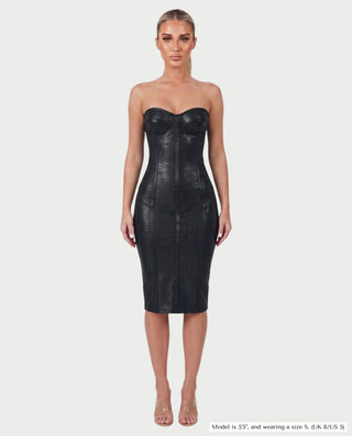 CATLYN Strapless Bustier Corset Metallic Bodycon Midi Dress