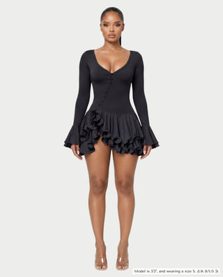 NADIA V-Neck Asymmetric Long Sleeve Ruffle Mini Dress