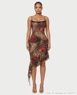 GIADA Floral Leopard Print Lace-Trim Ruffle Midi Dress