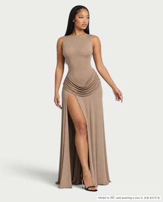 LAVIELLE Boat Neck Draped Waist Maxi Dress