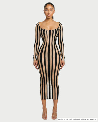 ARIELLA Vertical Stripe Long Sleeve Bodycon Midi Dress