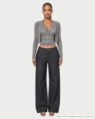 MIRANYA Knit Halter Crop Top & Button-Up Cardigan Set