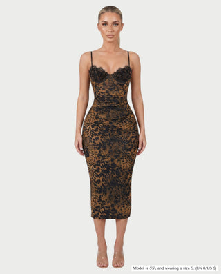 STEFANIA Leopard Bustier Spaghetti Strap Fitted Midi Dress