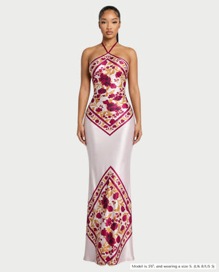MALVINA Satin Floral Backless Bodycon Maxi Dress