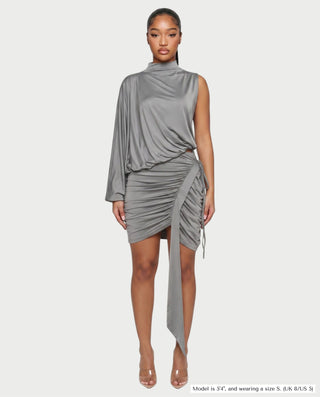 FINNA One-Sleeve Turtleneck Top & Ruched Skirt Set