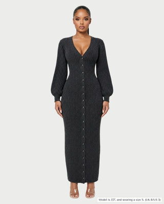 KIVA V-Neck Ribbed Knit Balloon Sleeve Maxi Dress