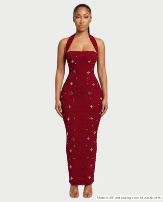 SHIVINA Beaded Halter Open-Back Bodycon Maxi Dress