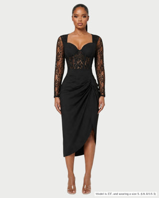 NOREEN Sheer Lace Corset Ruched Side-Drape Midi Dress