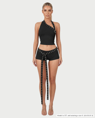 OLIVETTE Studded Halter Top & Belted Shorts Set