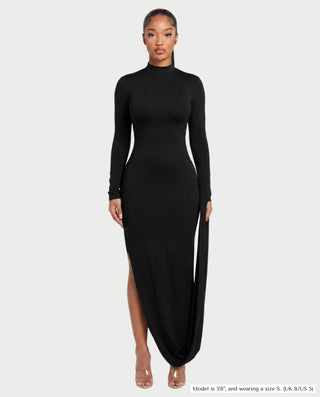 ALMERA Mock Neck Draped-Sleeve Bodycon Maxi Dress