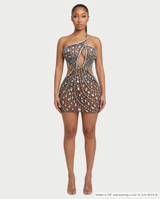 Vestido mini de malla con aberturas y detalle de cadena de JUVIA