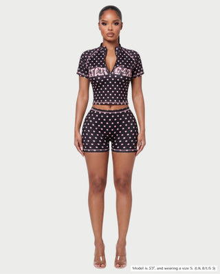 STARLYN Polka Dot Zip-Up Top & Shorts Set