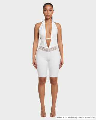KIAMI Plunging Halter Lace-Trim Open-Back Romper