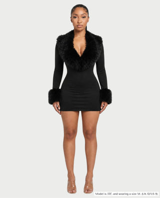 NANIA Faux Fur Trim Long Sleeve Bodycon Mini Dress