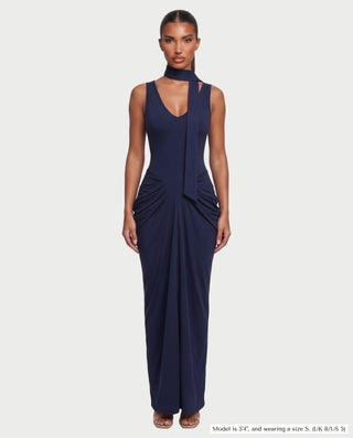 ZYRINA Long Neck Scarf Ruched Bodycon Maxi Dress