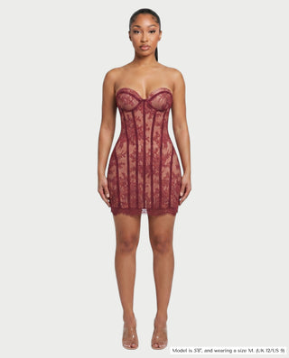 KEANA Strapless Sheer Lace Corset Bodycon Mini Dress