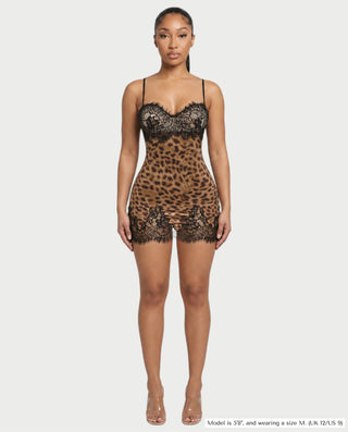 DOLIE Lace Bust Leopard Print Bodycon Slip Mini Dress
