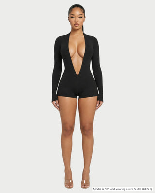 ROSALYA Deep V Neck Long Sleeve Fitted Short Romper