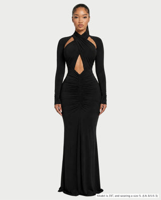 AVILINA Cross-Halter Ruched Bodycon Maxi Dress