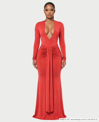 BILLY Plunging Neckline Long Sleeve Ruched Waist Maxi Dress