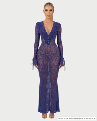Vestido largo de malla de leopardo con escote en V drapeado de NALYA