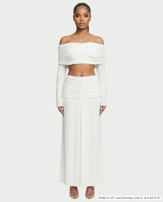 QUENA Off-Shoulder Ruched Crop Top & Maxi Skirt Set