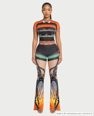ASHLYN Printed Mesh Crop Top & Pants Set