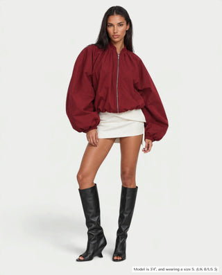 ELVA Oversized Balloon Sleeve Zip-Up Bomber Jacket