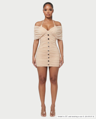 VANE Halter Neck Off-Shoulder Ruched Bodycon Mini Dress