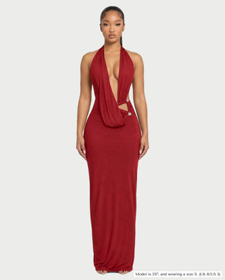 MARYLIN Draped Halter Deep V Side Cutout Maxi Dress