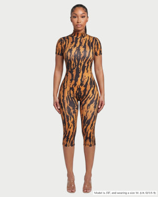 CAPRINA Tiger Print Mock Neck Open-Back Romper
