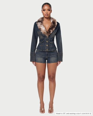 ILLIANA Faux Fur Collar Lace-Up Back Denim Jacket