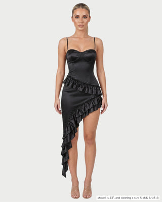 KINA Bustier Cami Cascading Ruffle High-Low Satin Dress