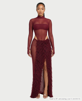 ZARVINA Sheer Mesh Mock Neck Bodysuit & Feather Skirt Set