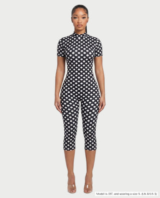 ELIZONA Polka Dot Mock Neck Open-Back Romper