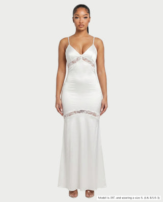 SHEYLINA Lace-Trim Spaghetti Strap Satin Maxi Dress