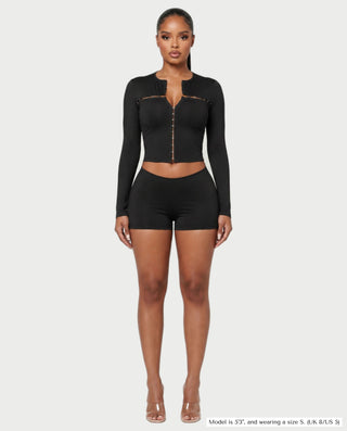 SAYLOR Hook-Front Long Sleeve Top & Mini Shorts Set
