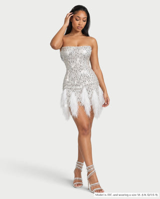 AILANY Strapless Sequin Feather Trim Bodycon Mini Dress