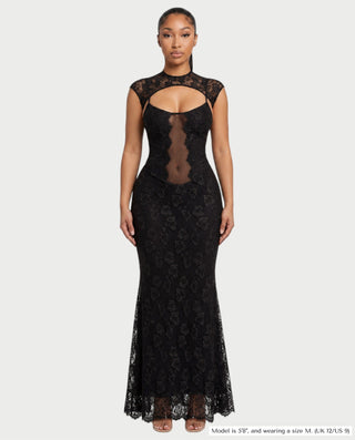 SAFIRA Lace Cap-Sleeve Cutout Sheer-Panel Bodycon Maxi Dress
