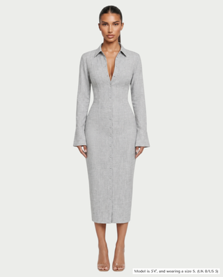 RAINA Collared Button-Down Flared Cuff Midi Shirt Dress