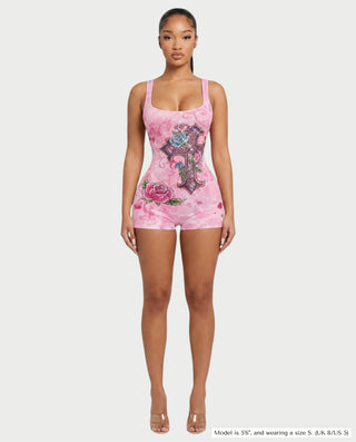 HAYA Floral Graphic Scoop Neck Tank Bodycon Romper
