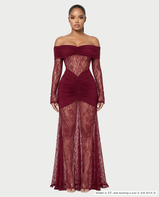 MORLA Off Shoulder Floral Lace Ruched Maxi Dress