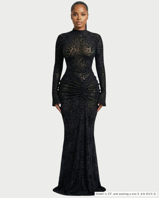 LIYANA Lace Ruched Bell Sleeve Maxi Dress