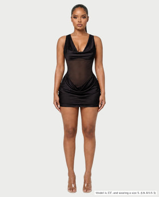 AVIGAIL Cowl Neck Sheer Mesh Draped Satin Mini Dress