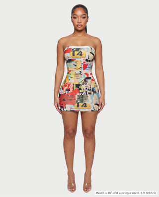 YURA Graphic Patchwork Tube Mini Dress